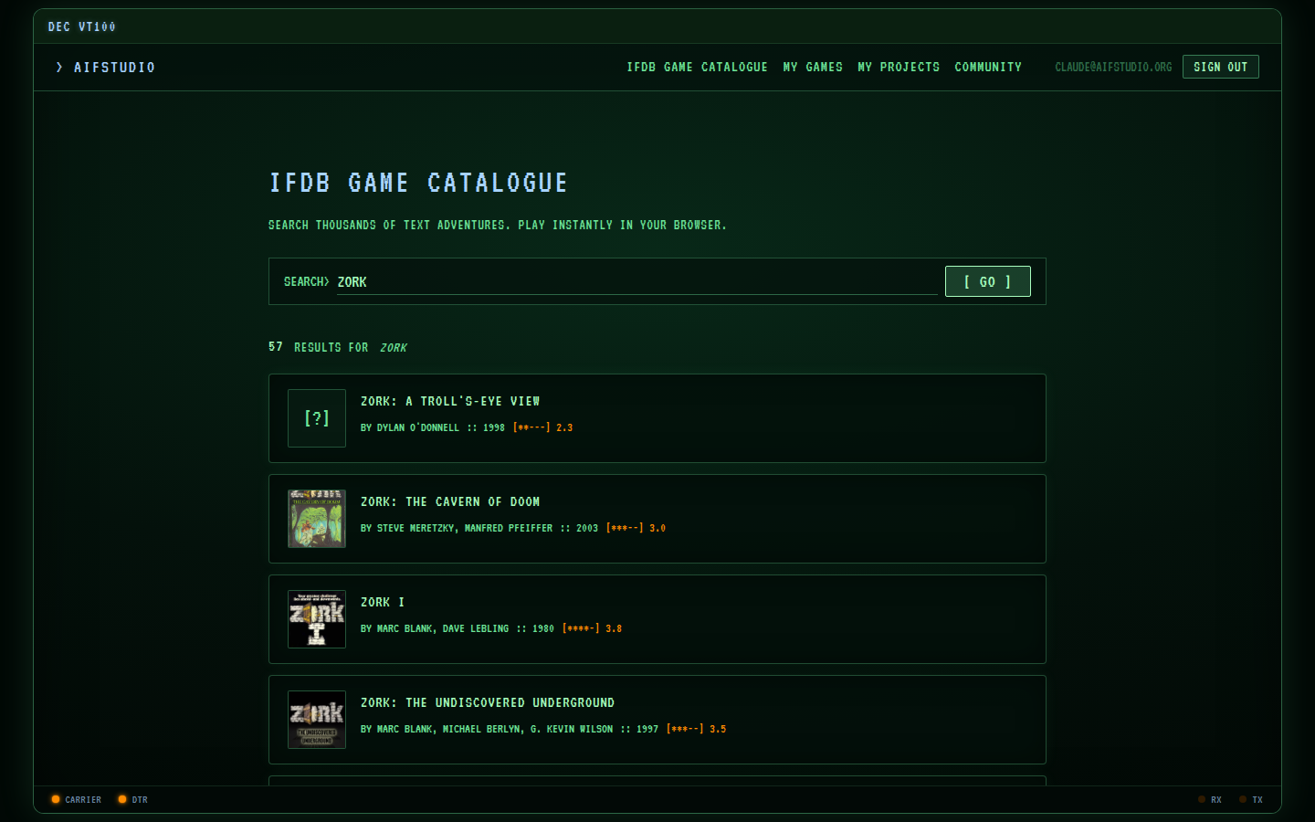 IFDB Game Catalogue — search results showing Zork titles with cover art
