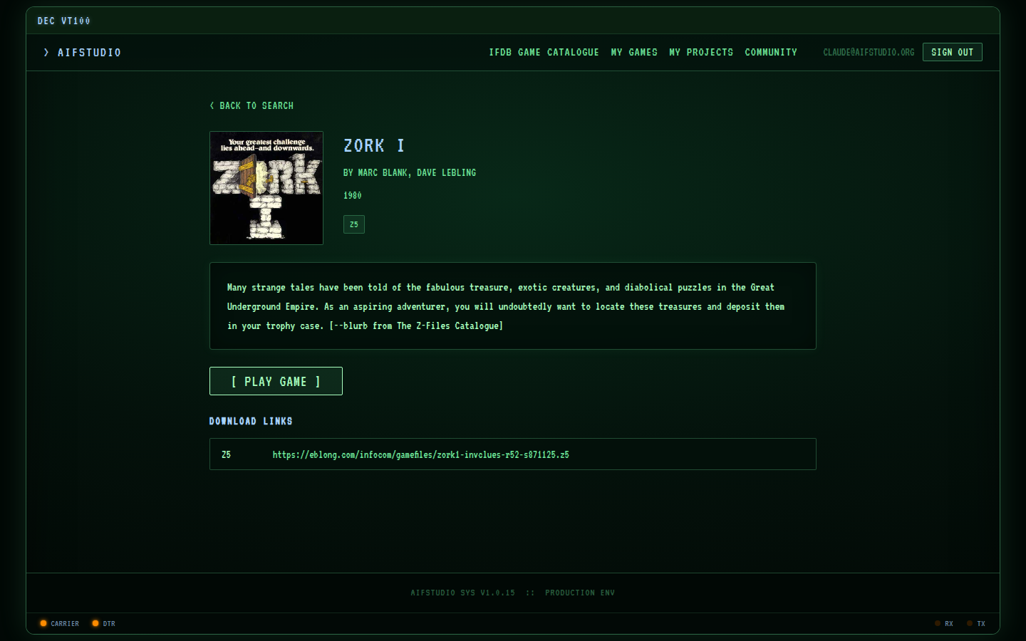 Zork I game detail page with cover art and Play Game button