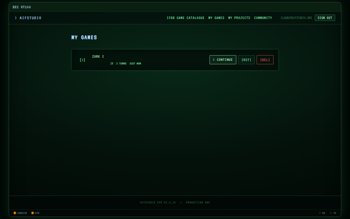 My Games history page showing Zork I session with Continue button