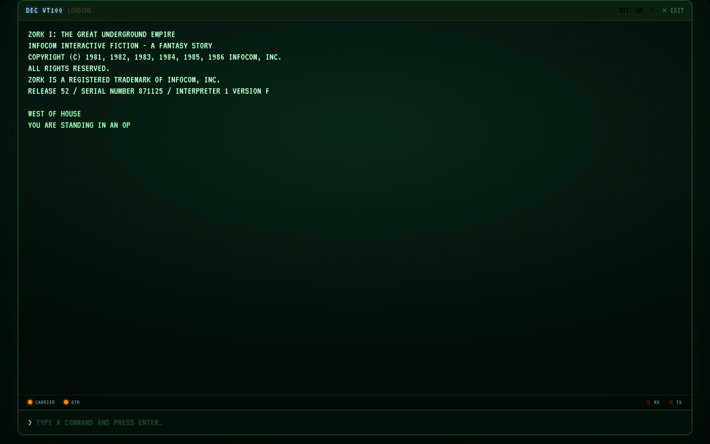 Playing Zork I in the browser — terminal interface showing game output